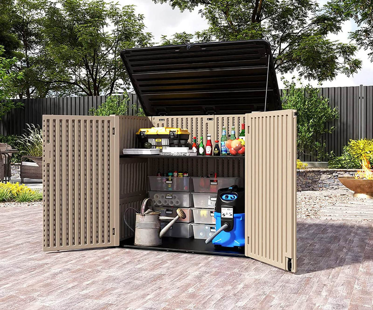 HOMSPARK Storage Shed Weather Resistance, Multi-Purpose Outdoor Storage Cabinet for Backyards and Patios, Horizontal Storage Shed for Lawnmower, Patio Accessories (Coffee, X Large - 48 cu.ft) HOMSPARK