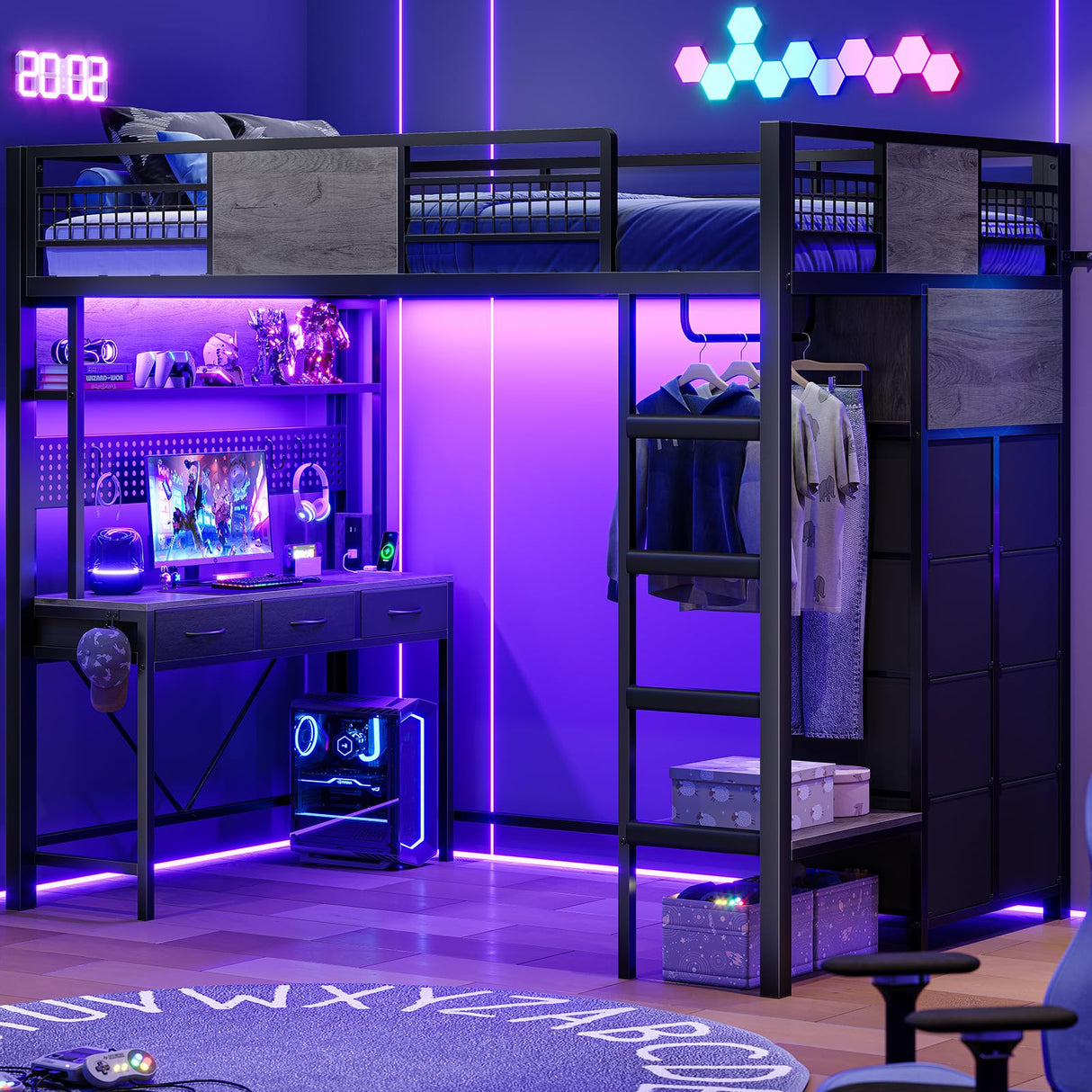 ADORNEVE Loft Bed Twin Size with Desk, 11 Storage Drawers, Metal Kids Loft with RGB Lights, Charging Station, Shelves & Clothing Rack, 13.4" H Safety Guard & Paded Ladder, Black & Grey ADORNEVE