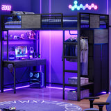 ADORNEVE Loft Bed Twin Size with Desk, 11 Storage Drawers, Metal Kids Loft with RGB Lights, Charging Station, Shelves & Clothing Rack, 13.4" H Safety Guard & Paded Ladder, Black & Grey ADORNEVE