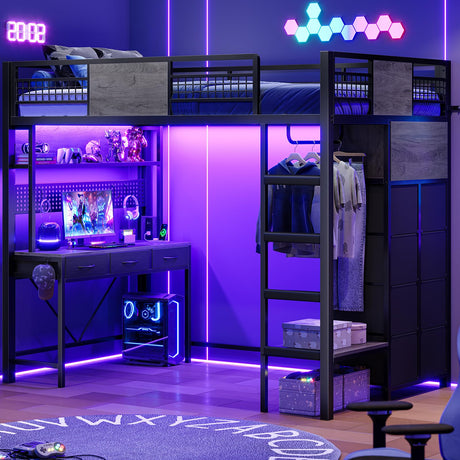 ADORNEVE Loft Bed Twin Size with Desk, 11 Storage Drawers, Metal Kids Loft with RGB Lights, Charging Station, Shelves & Clothing Rack, 13.4" H Safety Guard & Paded Ladder, Black & Grey ADORNEVE