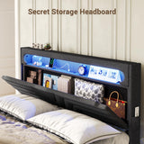 BTHFST Dark Gray Floating Bed Frame with RGB LED Headboard and Integrated Charging Ports BTHFST