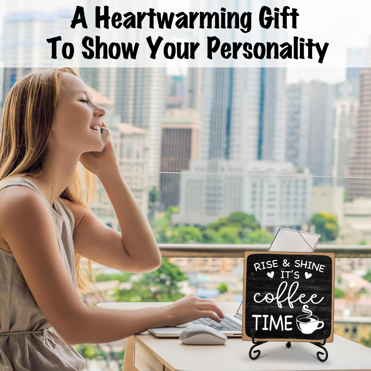 Farmhouse Coffee Bar Sign, Rise & Shine It's Coffee Time, 5"x5" Wood Plaque with Stand Gift for Home Kitchen Tabletop Decor -B09 YQV