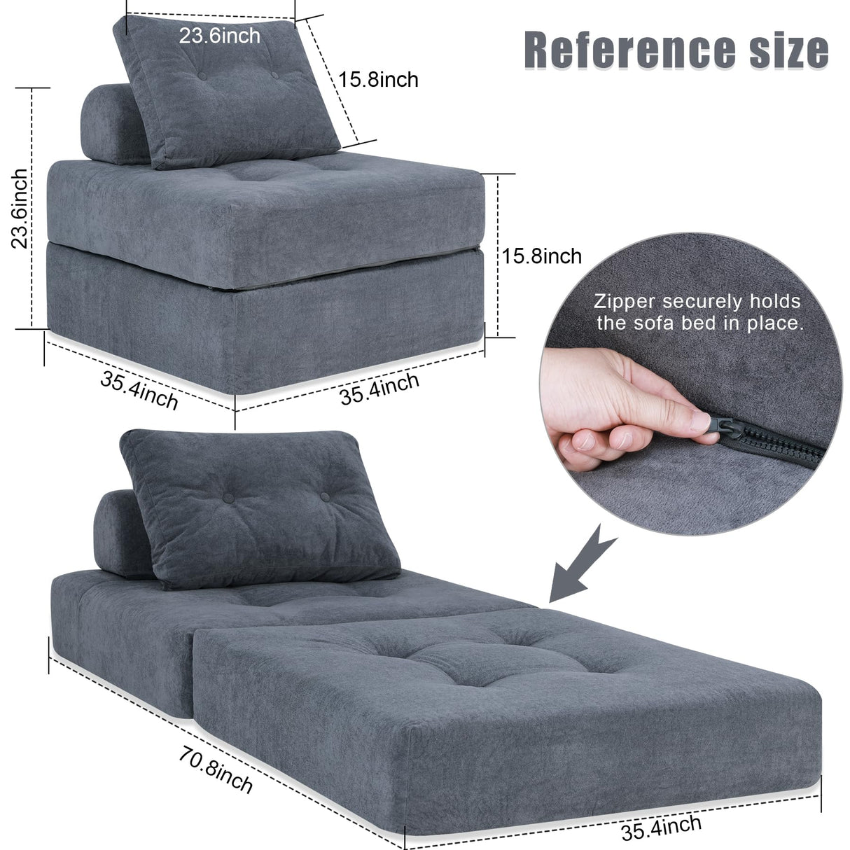 Futon Sofa Bed,Sleeper Chair - Convertible Sectional Sleeper Sofa with Pillow, Floor Bed Mattress for Guest Bed,Removable Zippered Back Support, Perfect for Living Room and Bedroom (SlateGray) Snug Sofee
