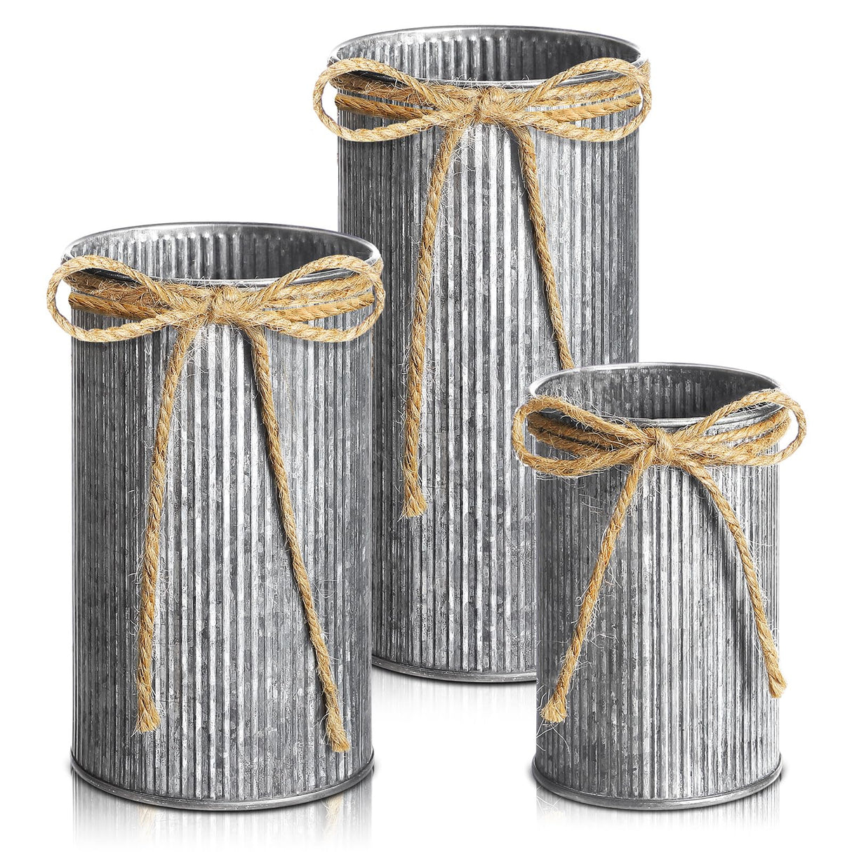 Zonon 3 Pcs Farmhouse Vase Decor with Twine Bow 4.33" Galvanized Flower Bucket 5.91" Metal Pots 7.09" Rustic Decorated Vases for Artificial Flowers Home Table Weddings Decor (Black) Zonon