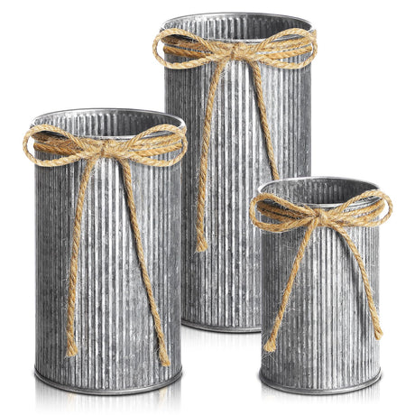 Zonon 3 Pcs Farmhouse Vase Decor with Twine Bow 4.33" Galvanized Flower Bucket 5.91" Metal Pots 7.09" Rustic Decorated Vases for Artificial Flowers Home Table Weddings Decor (Black) Zonon