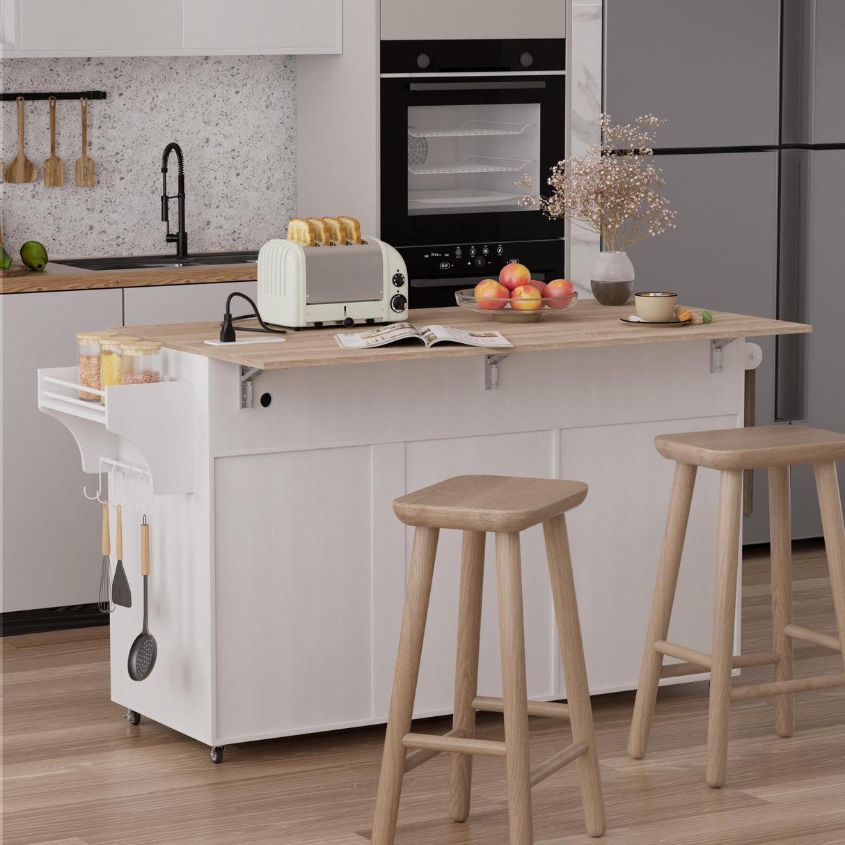 Kitchen Island on Wheels with Storage, Rolling Kitchen Islands with Drop Leaf&Power Outlet, Mobile Kitchen Island Cart with Trash Can Storage, Spice Rack, Towel Rack, Storages Cabinet ,Drawers SAHISTCT