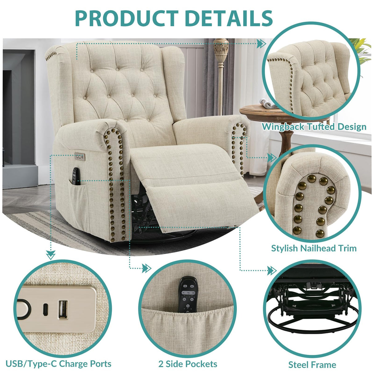 MEETWARM Power Swivel Rocking Glider Recliner Chair with Heat and Vibration, Electric Rocker Nursery Reclining Chair, Wingback Tufted Upholstered Recliner for Living Room, Type-C & USB Ports (Beige) MEETWARM