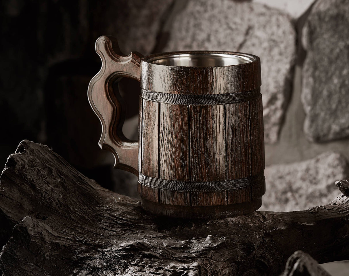 Etno Motif Handmade Wood Mug 20 oz Stainless Steel Cup Carved Natural Beer Stein Old-Fashioned Brown - Wood Carving Beer Mug of Wood Wooden Beer Tankard Capacity: 20oz (600ml) - Great Gift Idea Etno Motif
