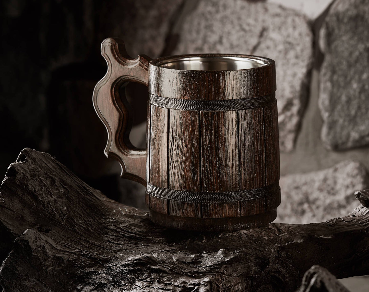 Etno Motif Handmade Wood Mug 20 oz Stainless Steel Cup Carved Natural Beer Stein Old-Fashioned Brown - Wood Carving Beer Mug of Wood Wooden Beer Tankard Capacity: 20oz (600ml) - Great Gift Id - WoodArtSupply