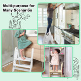 WOOD CITY Toddler Step Stool Foldable for Bathroom Sink, Adjustable 2 Step Stool Toilet Potty Training Stool with Handles,Child Kitchen Counter Stool Helper, Montessori Kitchen Stools (White) WOOD CITY