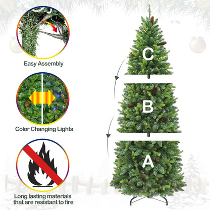 Hykolity 7.5 ft Prelit Slim Christmas Tree with 300 Multicolor Twinkling LED Lights, 1478 PE & PVC Realistic Tips, Artificial Christmas Tree with Pine Cones, Metal Stand and Hinged Branches, 11 Colors