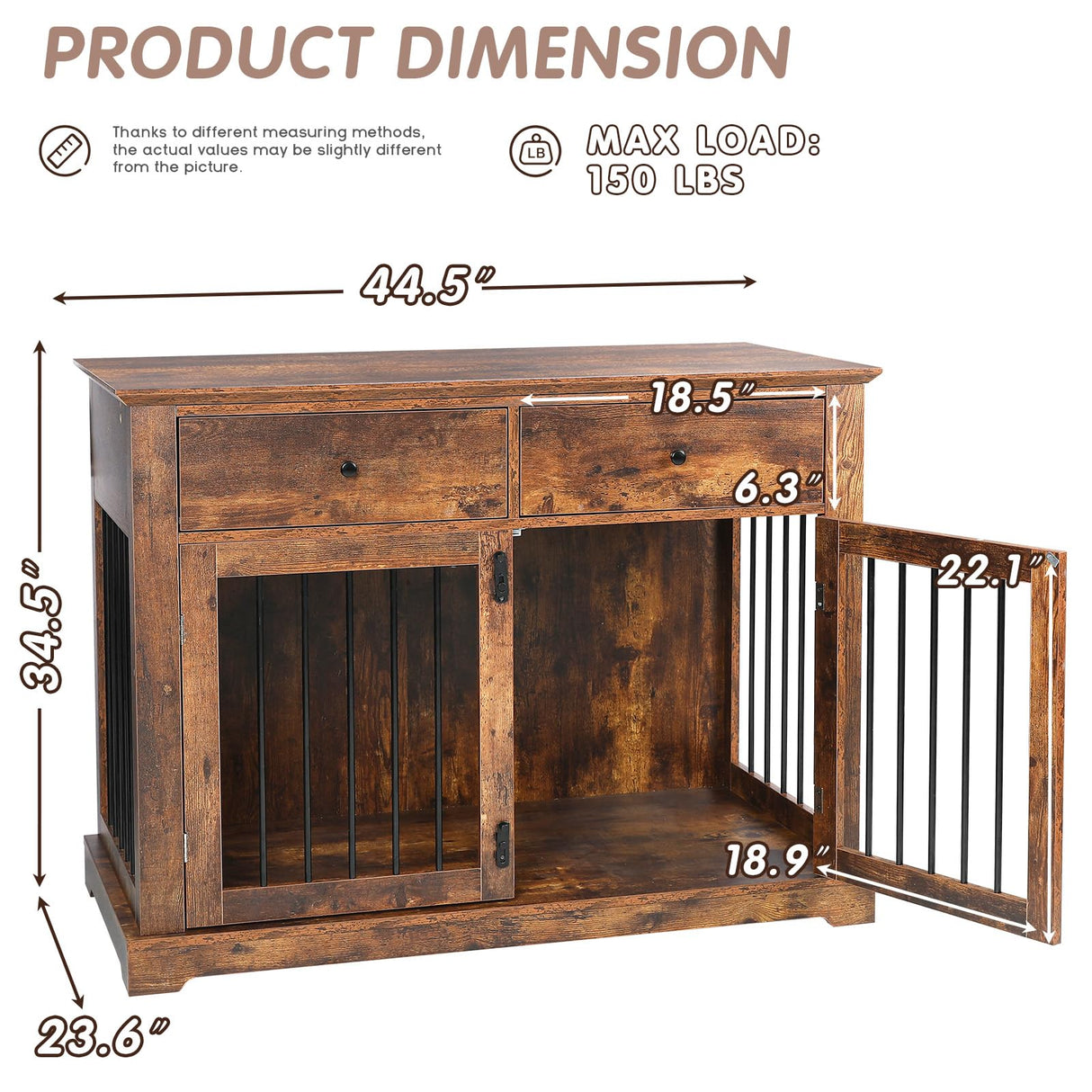 PUKAMI 44inch Dog Crate Furniture with Drawers,Wooden Dog Kennel Furniture for Large Breed,End Table Wood Dog House for Indoor use,Dog Crate for Small/Medium/Large Dog (Brown) PUKAMI