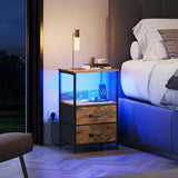 WLIVE Night Stand with Charging Station, LED Nightstand with 2 Fabric Drawers and Storage Shelf, Small Bedside Tables for Small Spaces, Dresser for Bedroom, Rustic Brown WLIVE