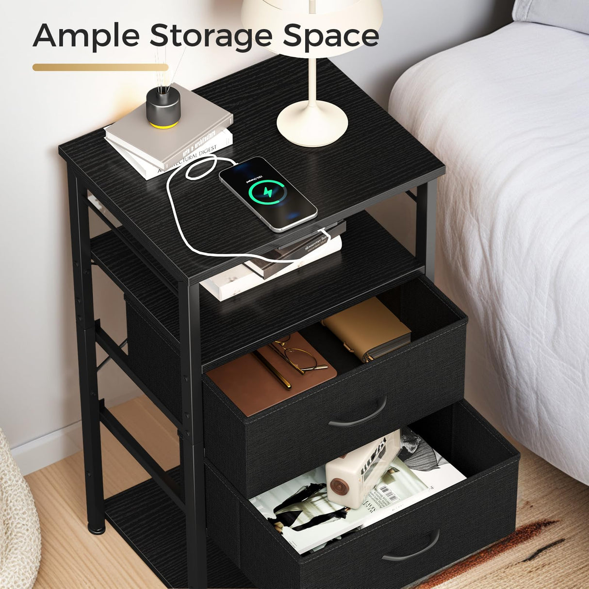 KKL Tall Nightstand with Charging Station and LED Lights, Bedside Table with Fabric Drawers, Open Shelves Storage for Bedroom, Black KKL