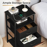 KKL Tall Nightstand with Charging Station and LED Lights, Bedside Table with Fabric Drawers, Open Shelves Storage for Bedroom, Black KKL