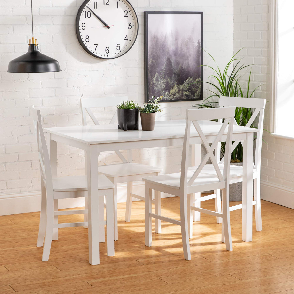 Walker Edison 4 Person Modern Farmhouse Wood Small Dining Table with 4 Chairs Set for Dining Room Kitchen, 48 Inch, White Walker Edison