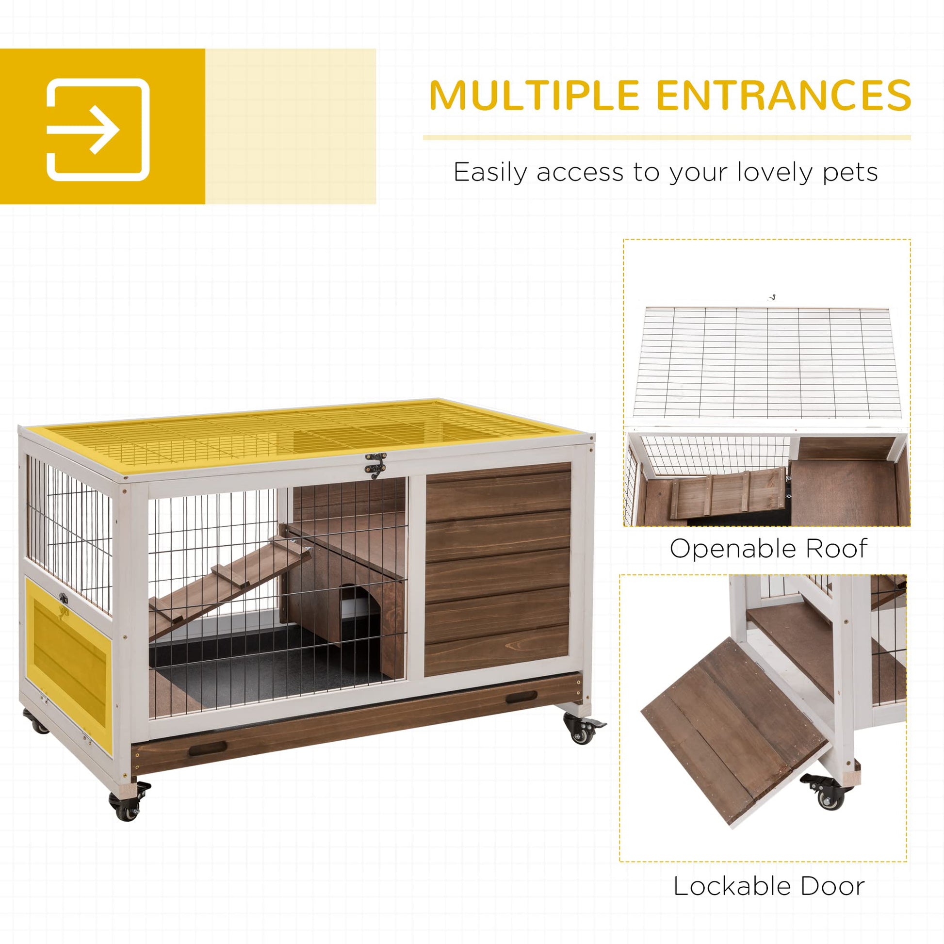 PawHut Wooden Indoor Rabbit Hutch Elevated Cage Habitat with No Leak Tray Enclosed Run with Wheels, Ideal for Rabbits and Guinea Pigs, Brown - WoodArtSupply