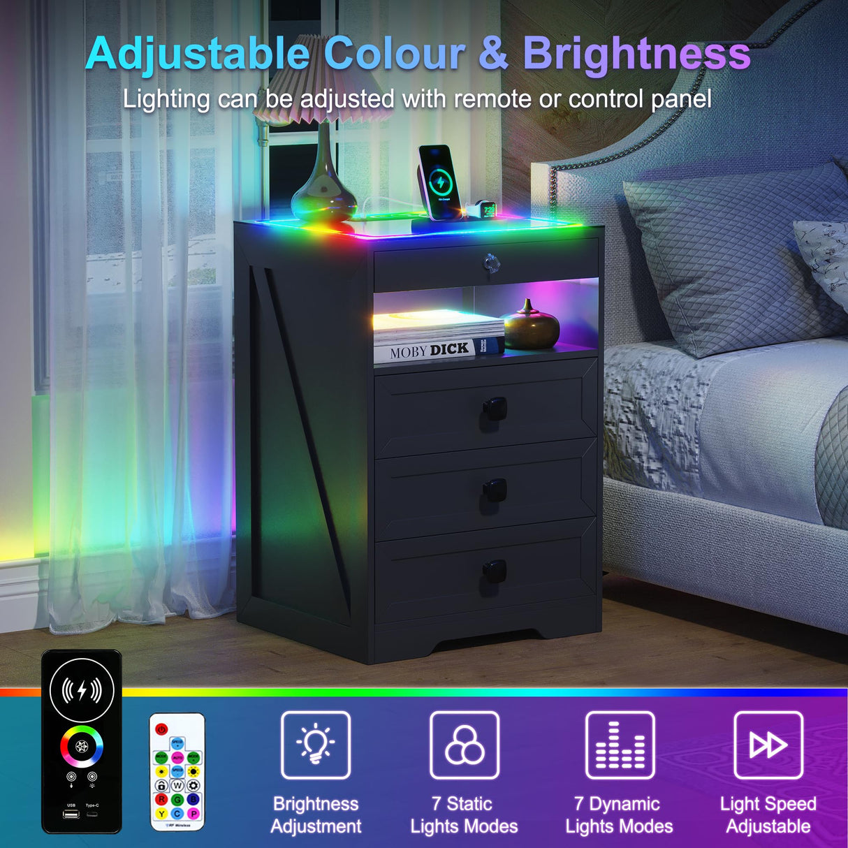 Lvifur RGB Nightstand with Gun Drawer, Glass Top Bedside Table with Wireless Charging Station, LED Night Stand with Human Sensor Design, Modern End Table for Bedroom Living Room (Black) Lvifur