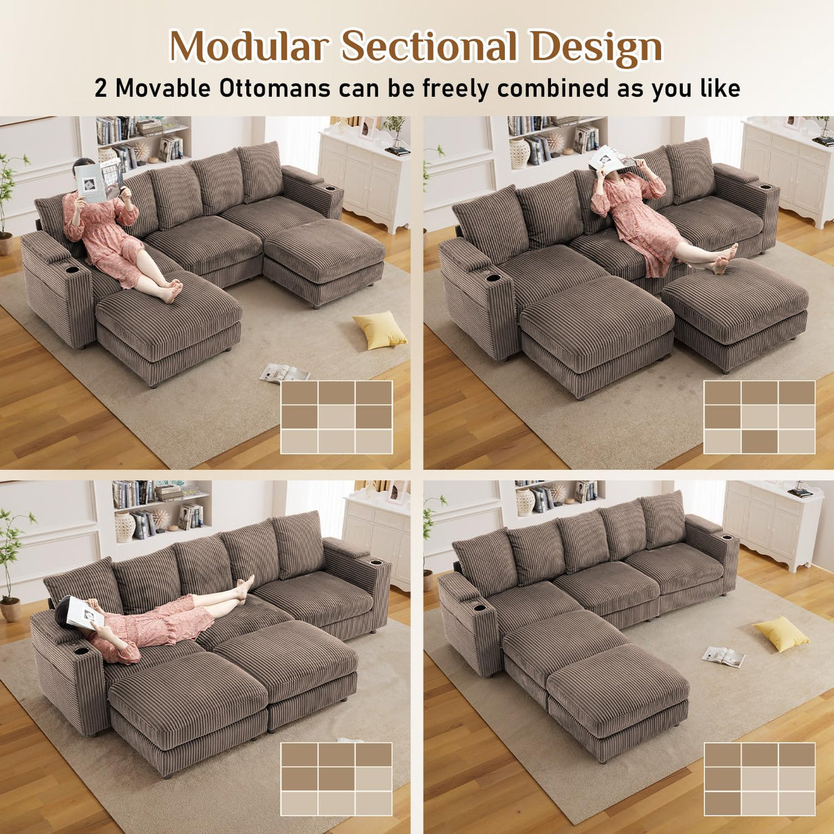 110" Oversized Cloud Couch U Shaped Modular Sectional Sofa L Shaped Sectional Couches for Living Room Comfy Corduroy Cloud Sofa with Ottoman, USB Port, Cup Holder, Armrest Storage, Side Pocket, Brown ONEMMLION