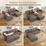 110" Oversized Cloud Couch U Shaped Modular Sectional Sofa L Shaped Sectional Couches for Living Room Comfy Corduroy Cloud Sofa with Ottoman, USB Port, Cup Holder, Armrest Storage, Side Pocket, Brown ONEMMLION