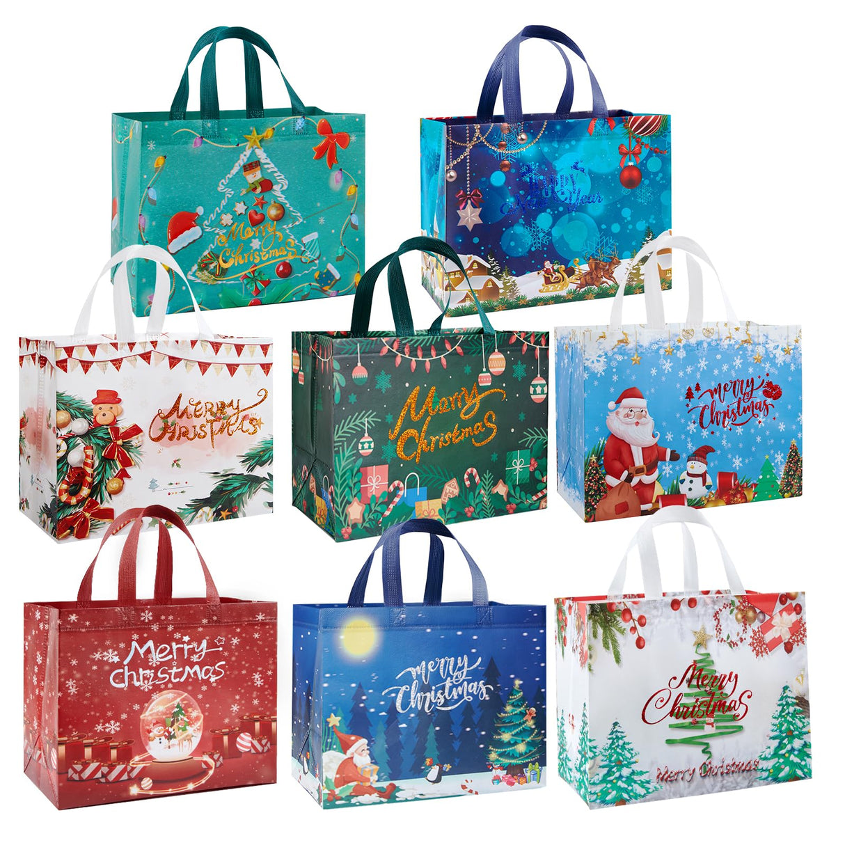 YANGTE 8 Pack Christmas Gift Bags with Handles, Large Non-Woven Tote Bags for Wrapping Xmas Party Favors, 12.8"x9.8"x6.7 YANGTE