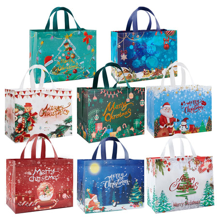YANGTE 8 Pack Christmas Gift Bags with Handles, Large Non-Woven Tote Bags for Wrapping Xmas Party Favors, 12.8"x9.8"x6.7 YANGTE