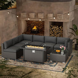 Oakcloud 8-Piece Outdoor Patio Furniture Sofa Set with 45” Propane Gas Fire Pit Table, Black Rattan Wicker Sectional Conversation Sets with Glass Top Tables and Cushions(Grey, w/Fire Pit Table) Oakcloud