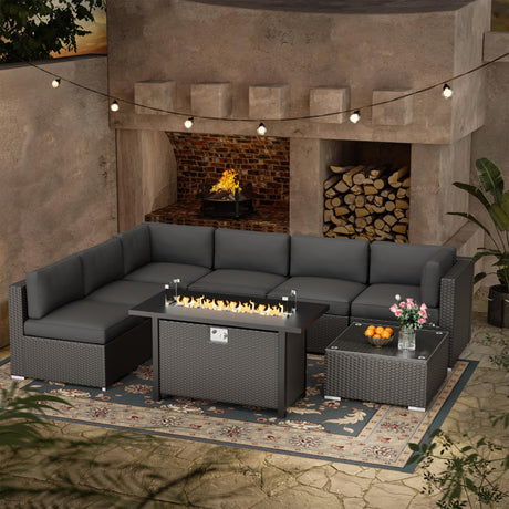Oakcloud 8-Piece Outdoor Patio Furniture Sofa Set with 45” Propane Gas Fire Pit Table, Black Rattan Wicker Sectional Conversation Sets with Glass Top Tables and Cushions(Grey, w/Fire Pit Table) Oakcloud