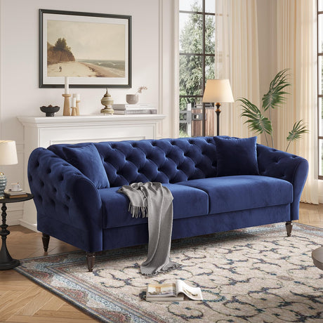 Fadware 81” Luxury Chesterfield Sofa, Velvet Loveseat with 2 Pillows& Retro Wooden Leg, Mid Century Modern 2-Seater Couch with Tufted Armrest& Back, Comfy Home Sofa for Living Room Bedroom Fadware