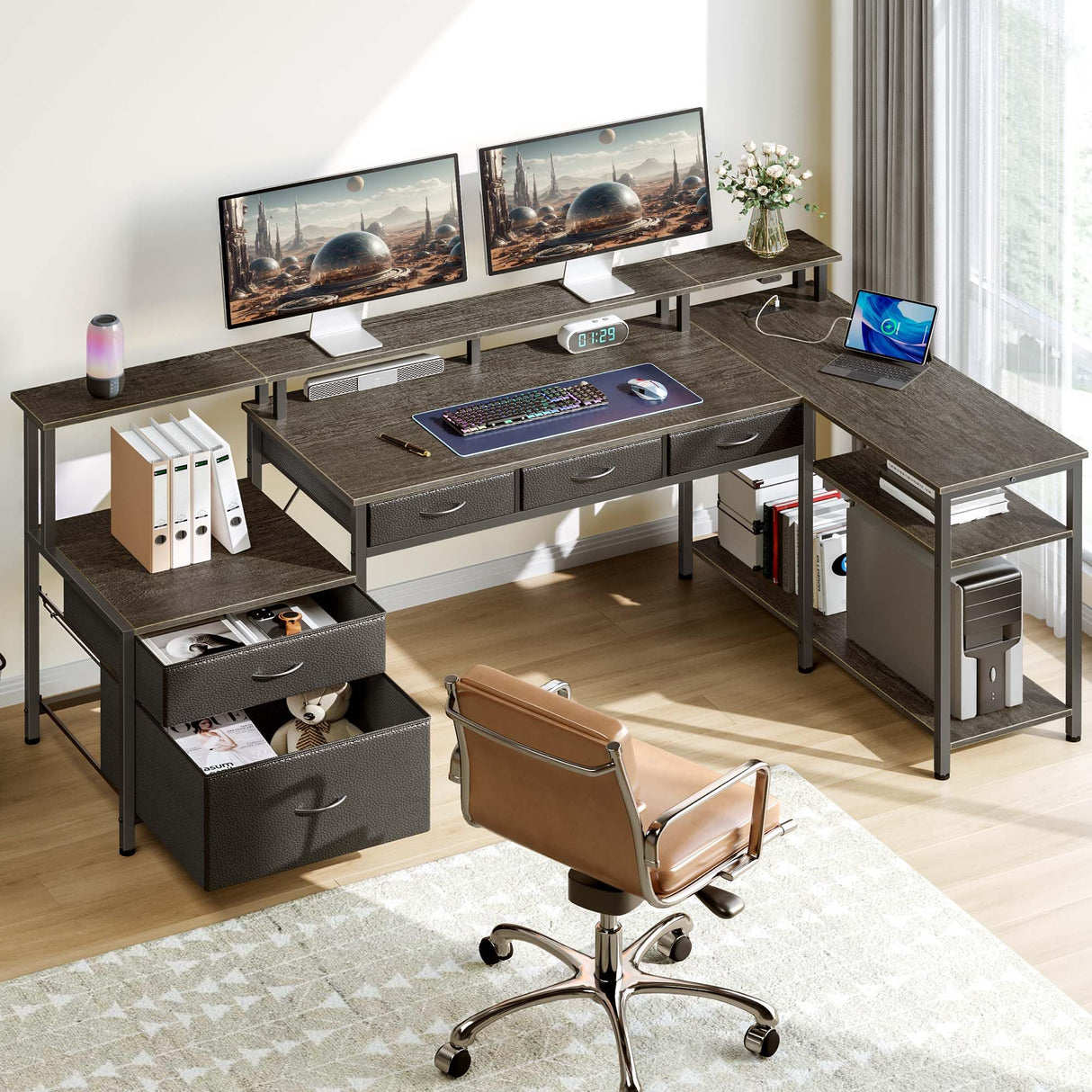 Seventable L Shaped Desk with File Drawers, 64" Home Office Desk with Power Outlet & LED Lights, Reversible Gaming Desk with Printer Storage Shelves, Corner Computer Desk with Monitor Stands, Grey Seventable