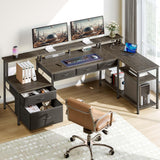 Seventable L Shaped Desk with File Drawers, 64" Home Office Desk with Power Outlet & LED Lights, Reversible Gaming Desk with Printer Storage Shelves, Corner Computer Desk with Monitor Stands, Grey Seventable