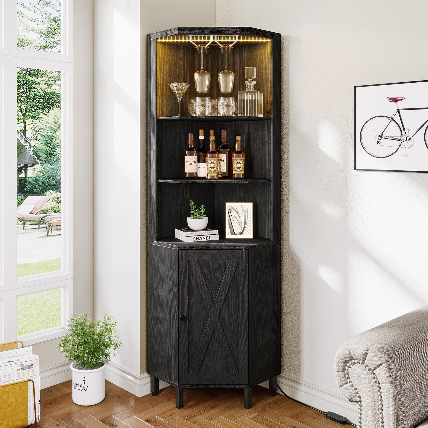 YITAHOME Black Corner Bar Cabinet with LED Lighting, Glass Holder & 5-Tier Storage Shelves - WoodArtSupply