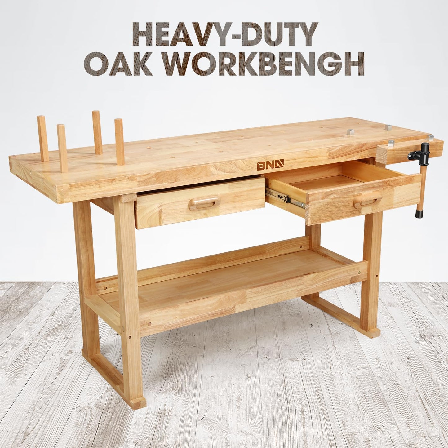 DNA MOTORING Heavy Duty Wood Workbench, Wooden Workbench with 2 Drawers for Workshop, Garage, W/Adjustable Handle, TOOLS-00521 - WoodArtSupply