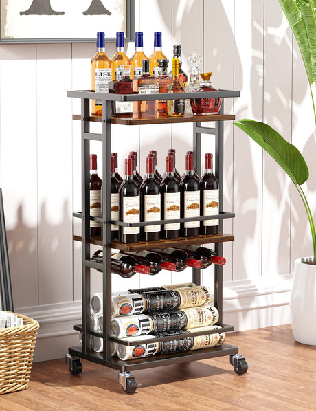OKZEST 4-Tier Liquor Cabinet with Wine Rack, Mini Bar Cart for Home, Small Liquor Bar for Alcohol, Rolling Kitchen Serving Cart on Wheels, Wine Drink Cart for Party, Bar Stand for Small Space OKZEST