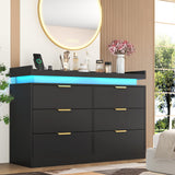 knoworld 6 Drawer Dresser for Bedroom, Black Dresser with LED Lights and Power Outlet, Wooden Dresser Modern Chest of Drawers, Tall Wide Drawer Dresser for Bedroom, Living Room, Entryway, Hallway knoworld