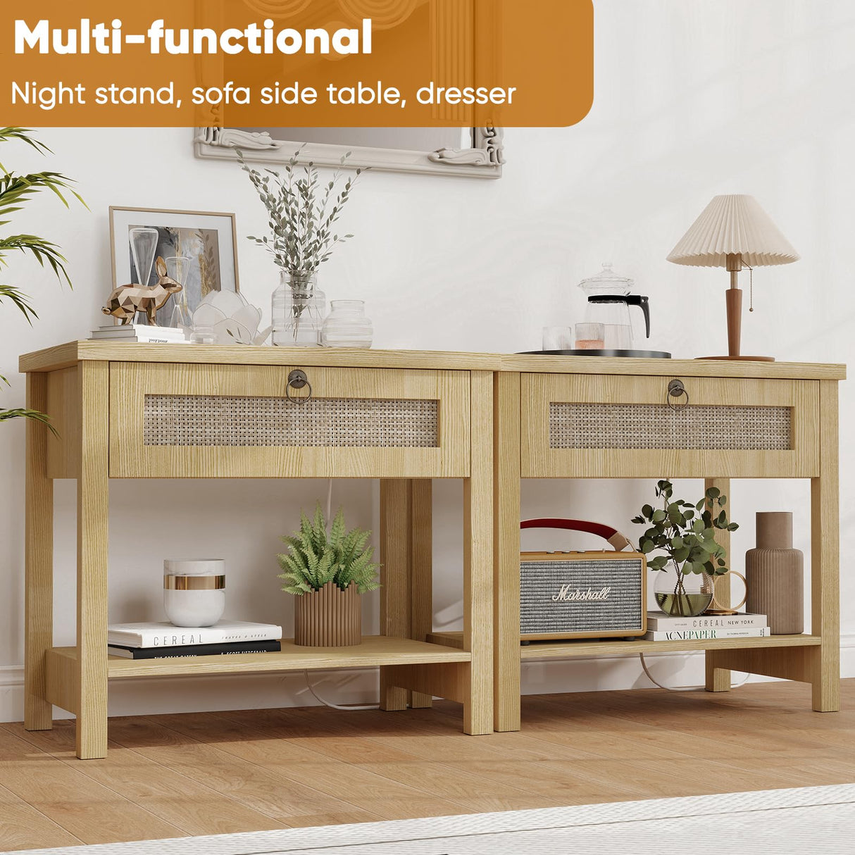 Large Night Stand Set of 2, Bedside Table with Drawers and Open Shelf, Farmhouse Bedroom Nightstand with Charging Station, 27.5" Wide Boho Rattan Side Table for Bedroom, Living Room Arbcoler