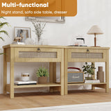 Large Night Stand Set of 2, Bedside Table with Drawers and Open Shelf, Farmhouse Bedroom Nightstand with Charging Station, 27.5" Wide Boho Rattan Side Table for Bedroom, Living Room Arbcoler