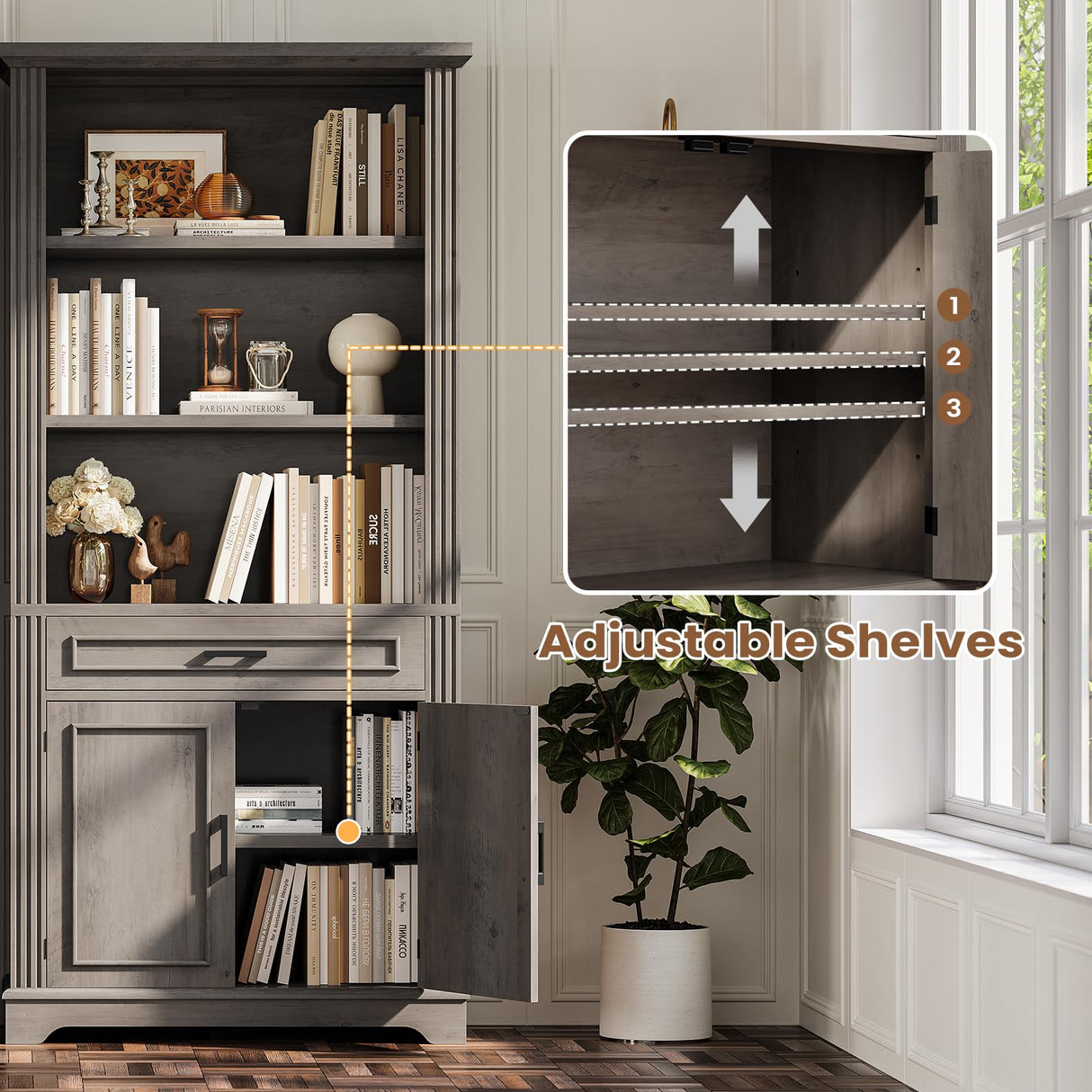SEDETA Farmhouse Bookshelves and Bookcases with Doors and Drawer, Bookshelf with Storage, Floor Standing 6 Shelf Display Storage Shelves 70 in Tall Bookshelf for Home Office, Living Room, Grey SEDETA