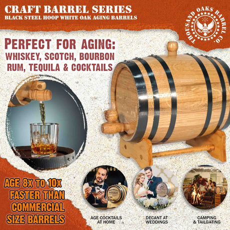 3 Liter Oak Aging Barrel with Stand, Bung and Spigot - Wooden 3L Whiskey Barrels Wine Barrel Decanter For The Home Brewer, Distiller, Wine Maker and Cocktail Aging - Bourbon Barrel Gifts For Men THOUSAND OAKS BARREL