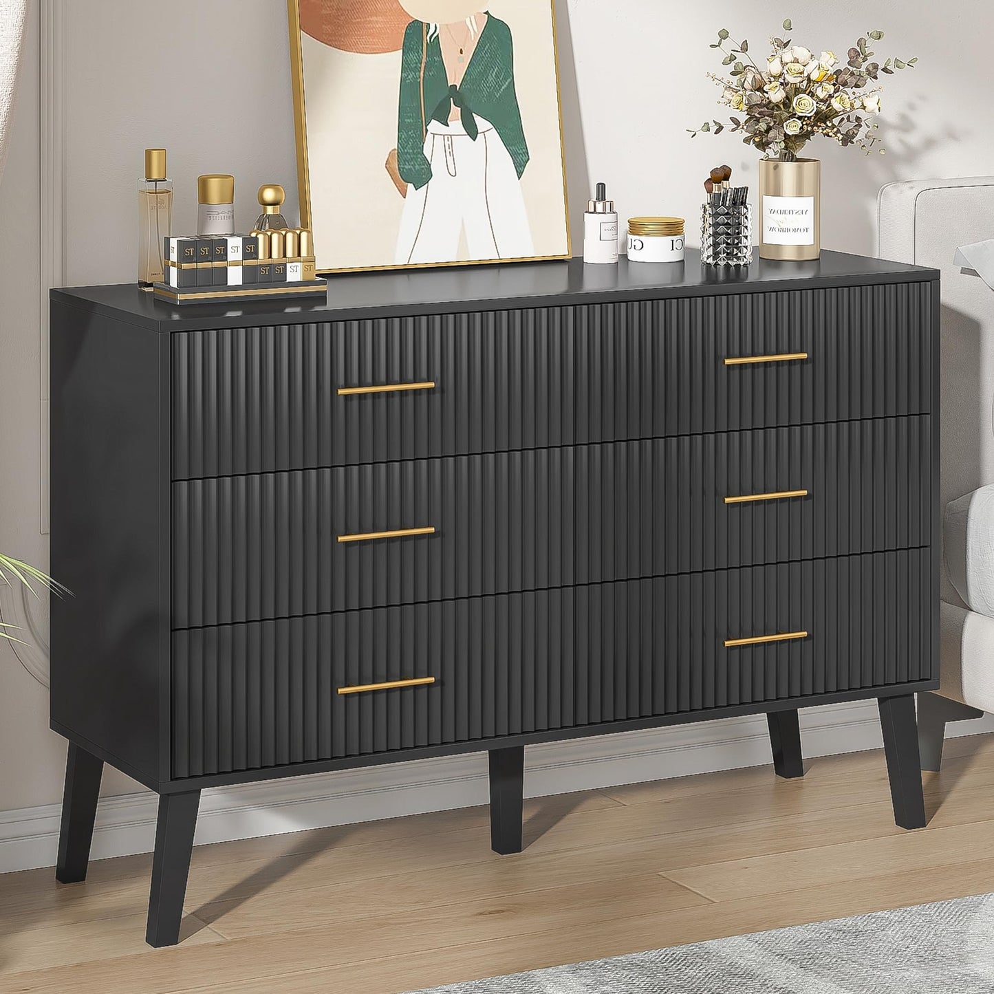 Fiogmub Accent 6 Drawer Dresser, Modern Closet Dressers Chest of Drawers with Fluted Panel, Living Room Bedroom Nursery Entryway and Hallway