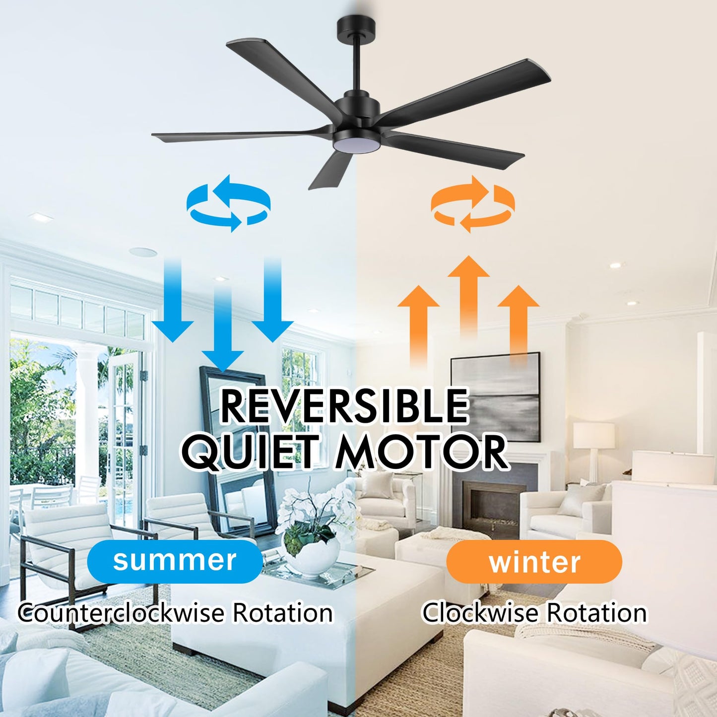 ELEHINSER 60" Modern Ceiling Fan with Lights and Remote Control, 5 Solid Wood Blades 6-Speed Noiseless Reversible DC Motor, Ceiling Fan for Bedroom Dinning Living Room, Black