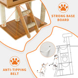 55'' Wood Cat Tree Modern Multi-Level Cat Tree Tower for Indoor Small & Large Cats with 2 Space Capsules Sisal Scratching Post Wooden Cat Condo Plush Top Perch and Dangling Toy Balls OUTGOODS