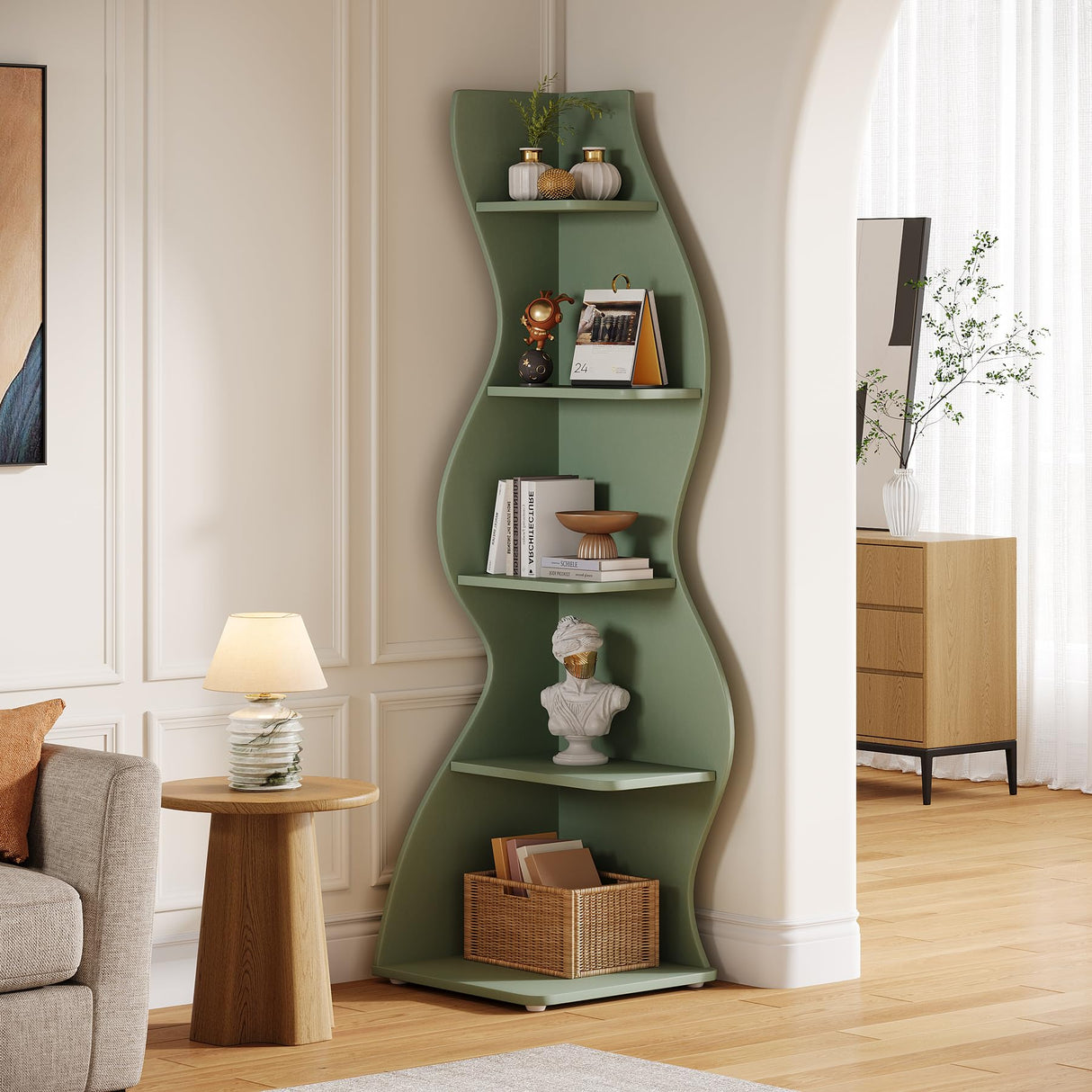 Tribesigns Wavy Corner Shelf, Modern 5-Tier Bookshelf Bookcase with Curvy Shape, Unique Plant Stand Display Rack for Living Room Small Space (Green) Tribesigns