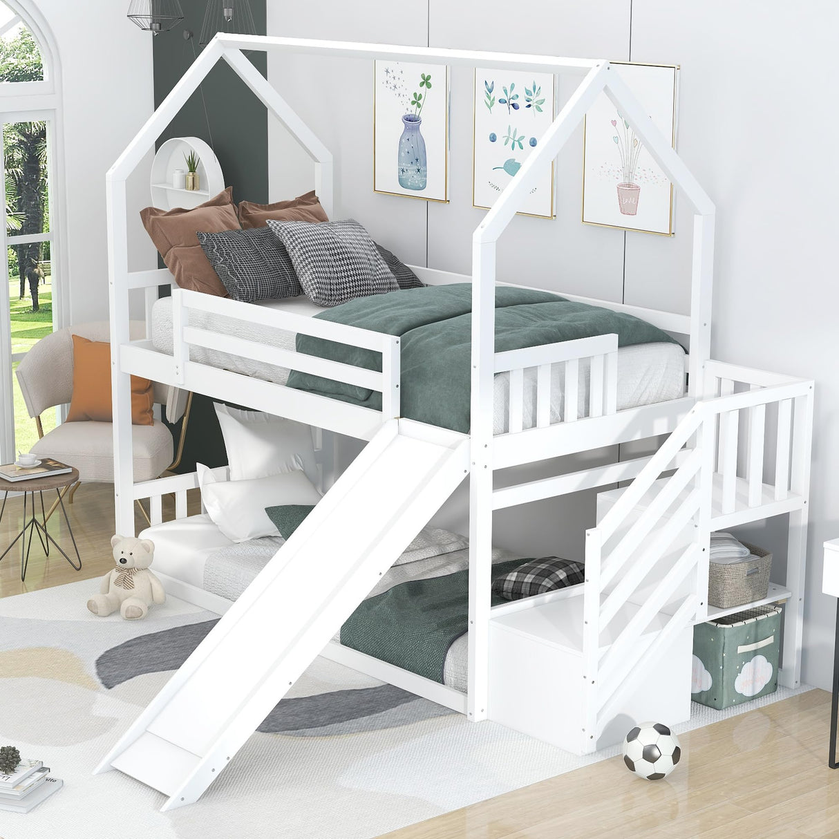 SOFTSEA Twin Over Twin Size House Bunk Bed with Storage Staircase and Convertible Slide, Solid Wood Bed Frame with Full-Length Guardrail, for Teens Adults Bedroom, White SOFTSEA