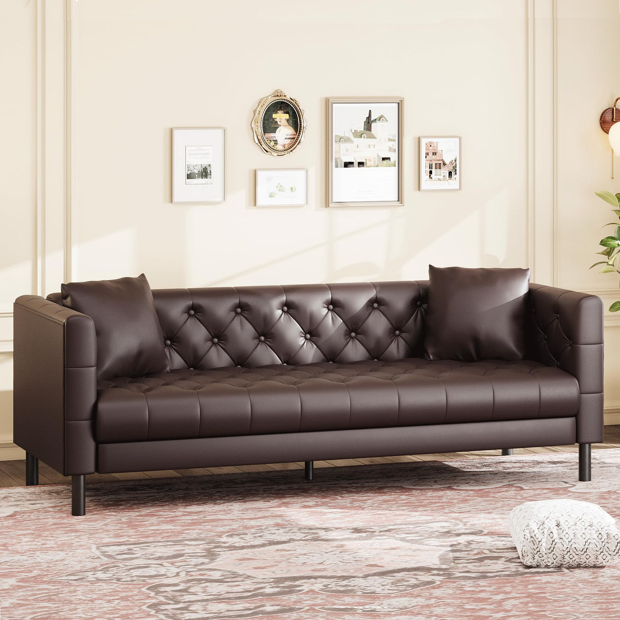 81" Mid-Century Modern Leather Sofa for Living Room, Chesterfield Sofa with Deep Seats and 2 Pillows, 3 Seater Couch with Button Tufted, Leather Couch for Apartment, Office, Dark Brown IDEALHOUSE