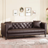 81" Mid-Century Modern Leather Sofa for Living Room, Chesterfield Sofa with Deep Seats and 2 Pillows, 3 Seater Couch with Button Tufted, Leather Couch for Apartment, Office, Dark Brown IDEALHOUSE