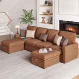 HIFIT 101" W Sectional Sofa with Storage Seats and USB Ports, 6 Seater U Shaped Sectional Couch with Double Chaise, Brown Leather Sofa Couches for Living Room, Small Sofa HIFIT