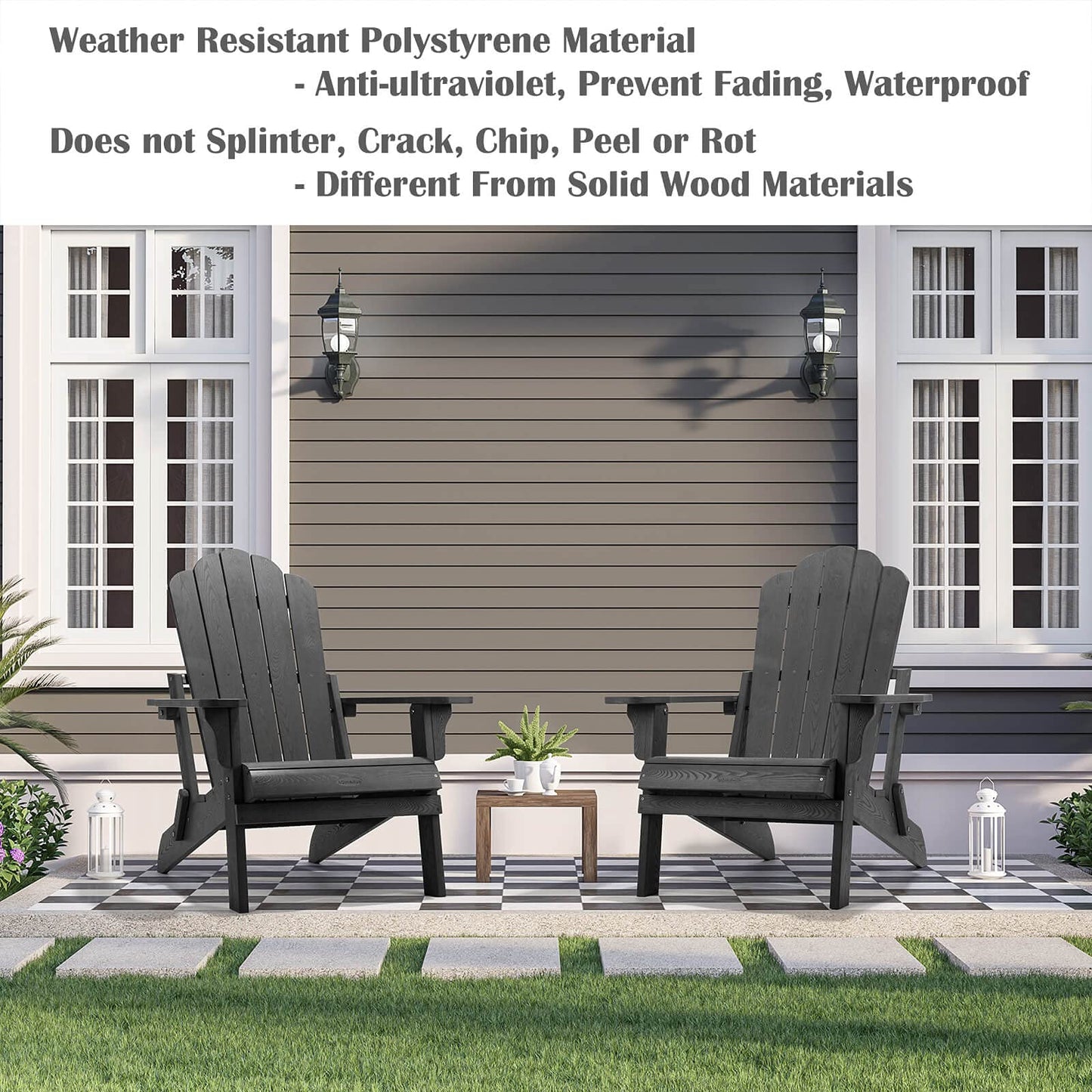 hOmeHua Folding Adirondack Chairs, Outdoor Patio Weather Resistant Chair, Imitation Wood Stripes, Easy to Fold Move & Maintain, Plastic Chair for Backyard Deck, Garden, Fire Pit - Black - WoodArtSupply