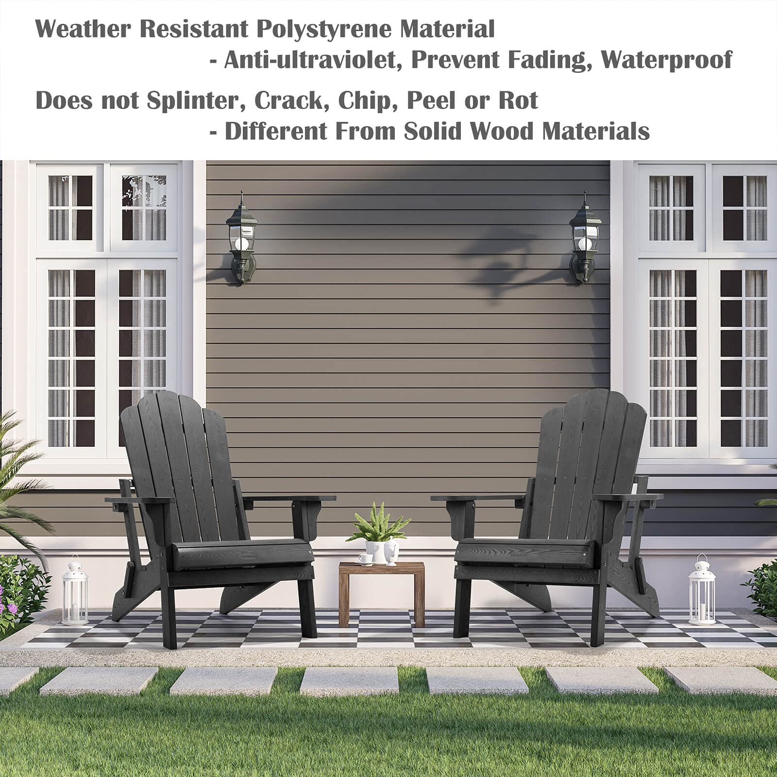 hOmeHua Folding Adirondack Chairs, Outdoor Patio Weather Resistant Chair, Imitation Wood Stripes, Easy to Fold Move & Maintain, Plastic Chair for Backyard Deck, Garden, Fire Pit - Black - WoodArtSupply