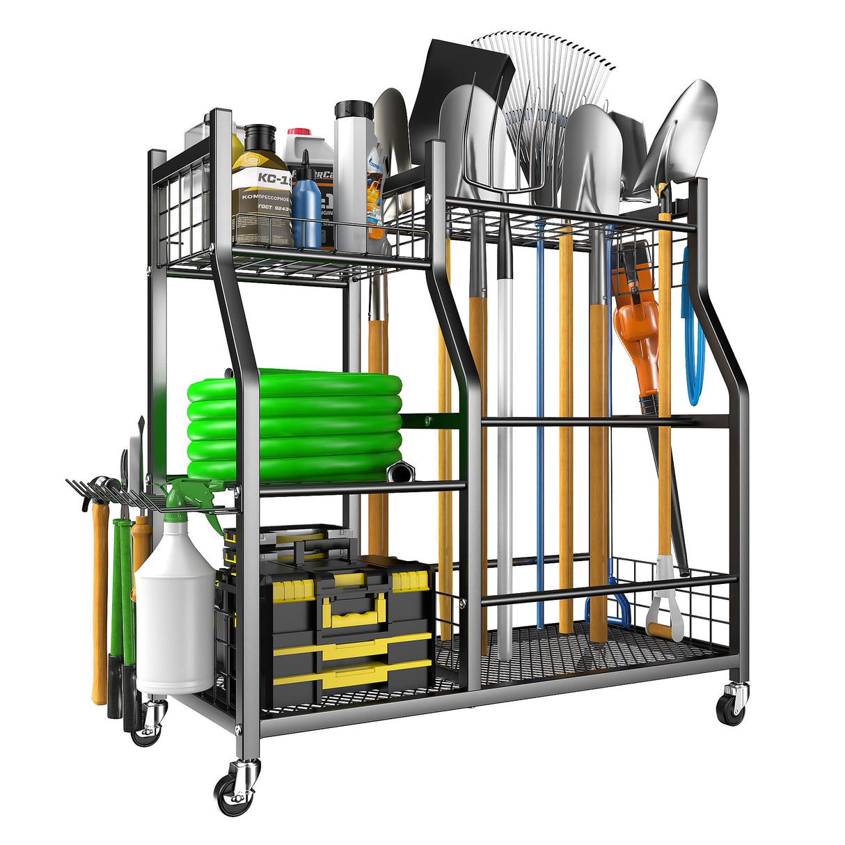 EVERHANGER Garden Tool Organizer Stand, Garage Tool Storage Organization, Yard Tool Racks with lockable wheels, Fit for Long-Handled Tools/Rakes/Brooms EVERHANGER